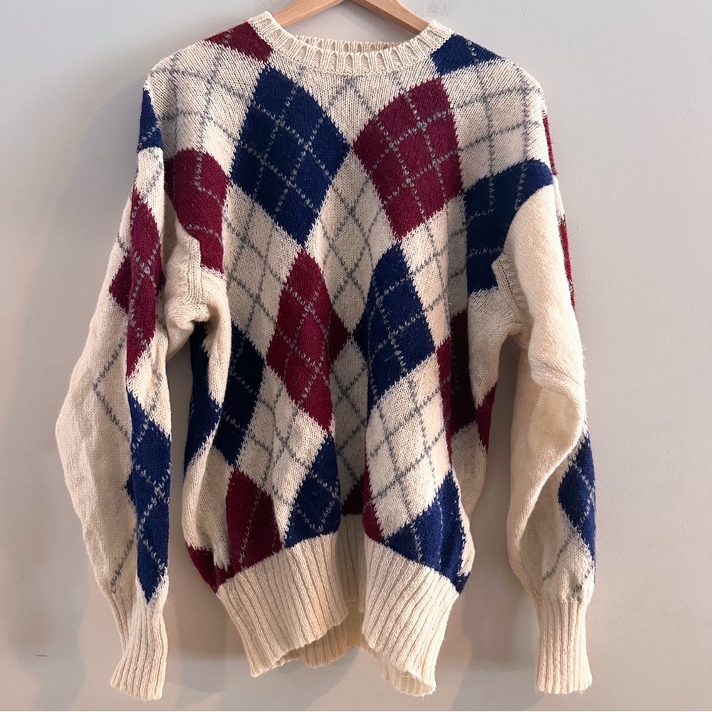 Vintage 90s Pringle of Scotland Mens Large Argyle Blue Red Sweater 100% Wool